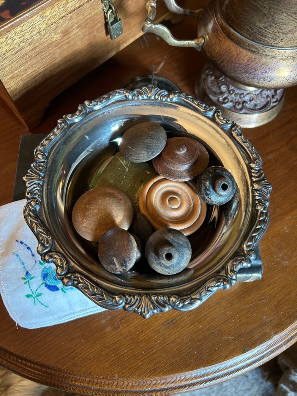 Vintage Silver Plated Bowl with Wooden Architectural Salvage Door Knobs - Picture 2 of 7